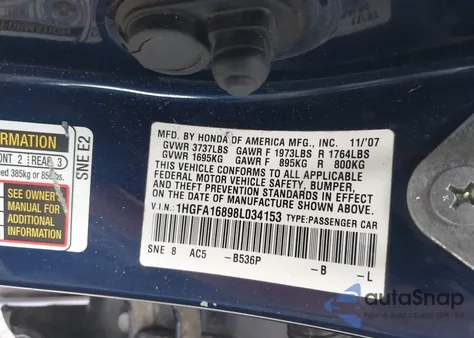 2008 Honda Civic Ex z USA, uszkodzony, nr VIN 1HGFA16898L034153